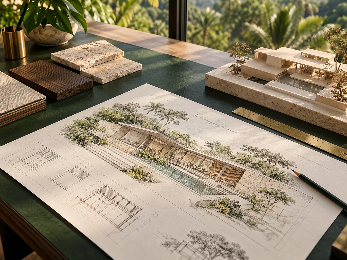 Imagem conceitual de um estudo arquitetônico com maquete e materiais sobre uma mesa