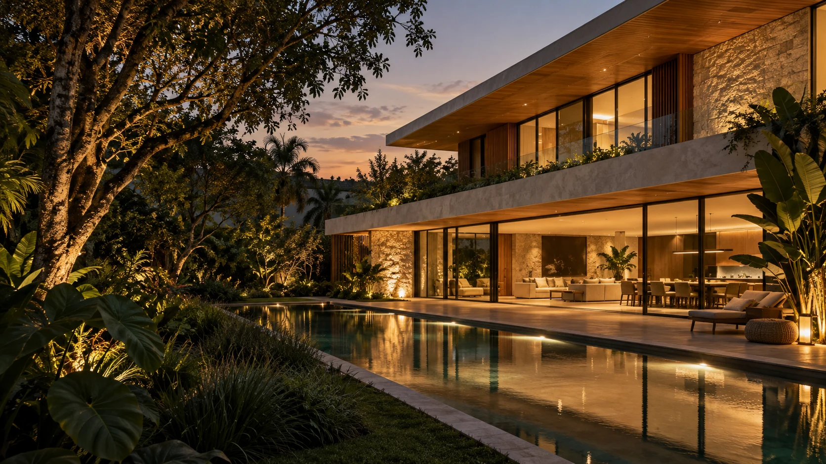Imagem conceitual de uma residência contemporânea com piscina e paisagismo