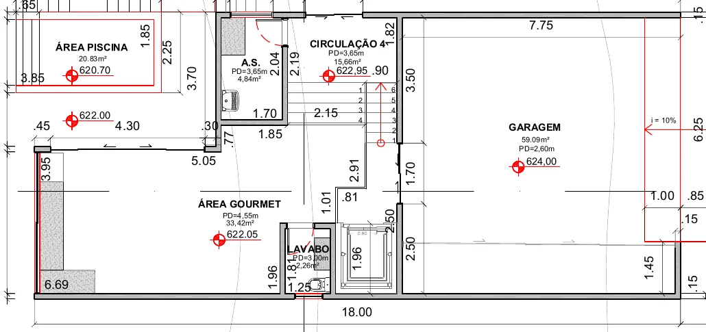 Planta do pavimento inferior, com garagem, área gourmet, piscina, área de serviço e lavabo
