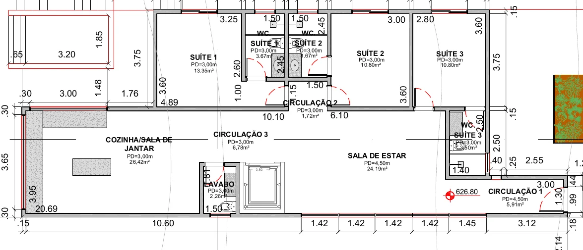 Planta do pavimento residencial, com três suítes, cozinha, sala de jantar e sala de estar