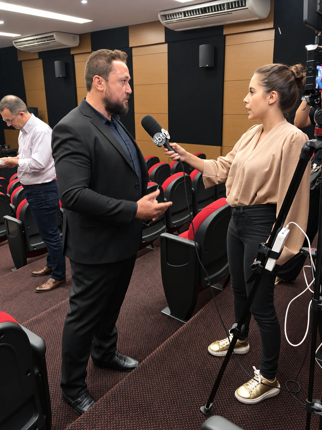 Registro de entrevista em auditório, com repórter e microfone do SBT